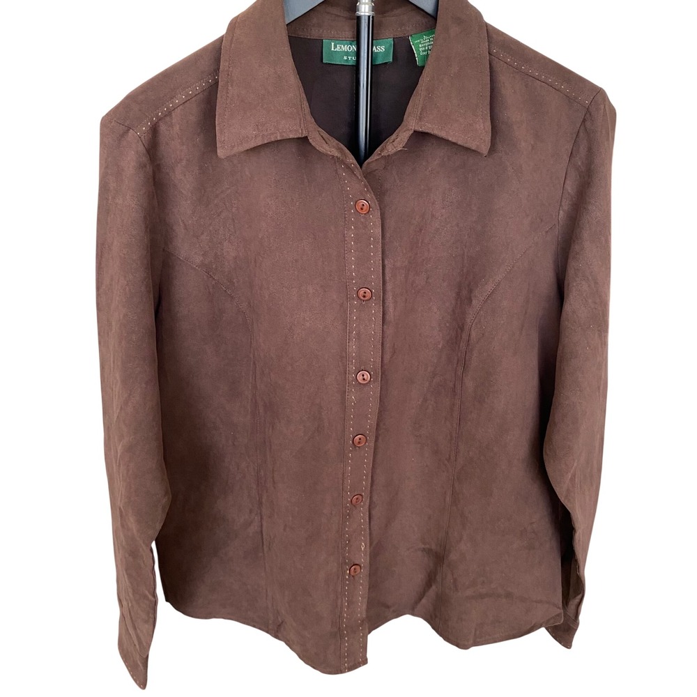 Lemon Grass Studio Brown Faux Suede Button Down Shirt Pick Stitching Womens L